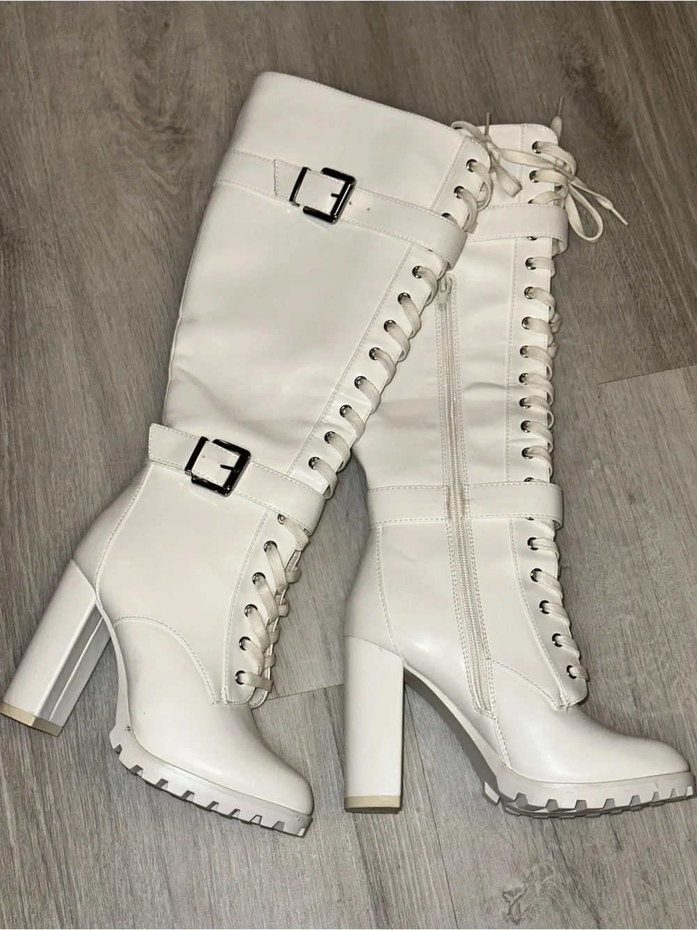 White Lace-Up Knee High Block Heel Boots - Women's